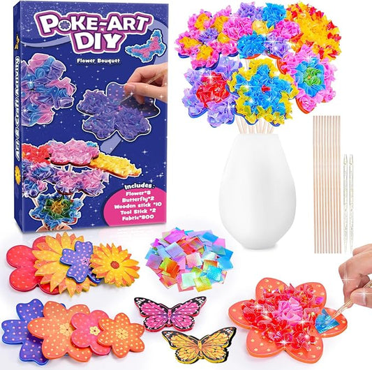 MDINGTD Toys for 4 5 6 7 8+ Year Old Girls, Poke Art Flower Bouquet with 8 Flowers & 2 Butterflies Arts and Crafts for Girls Ages 4-12 DIY Creative Activity Birthday Xmas Gifts Craft Kits