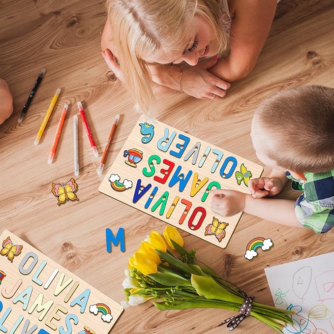 Name Puzzles for Toddlers 1-3, Personalized Wooden Name Puzzle, Custom Baby Birthday, Baby Montessori Learning Toys for 1-3 Year Old