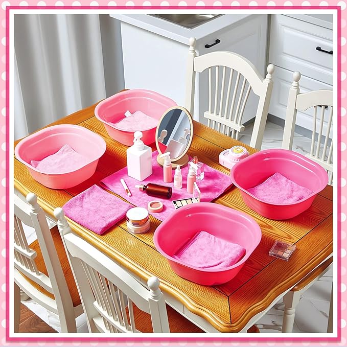 Patelai 6 Sets Kids Foot Spa Kit for Girl 12 x 12 x 4.3 Inch Foot Tub 14 x 30 Inch Hand Towels Washbasin Towels for Spa Party Sleepover Party Supplies (Pink, Rose Red)