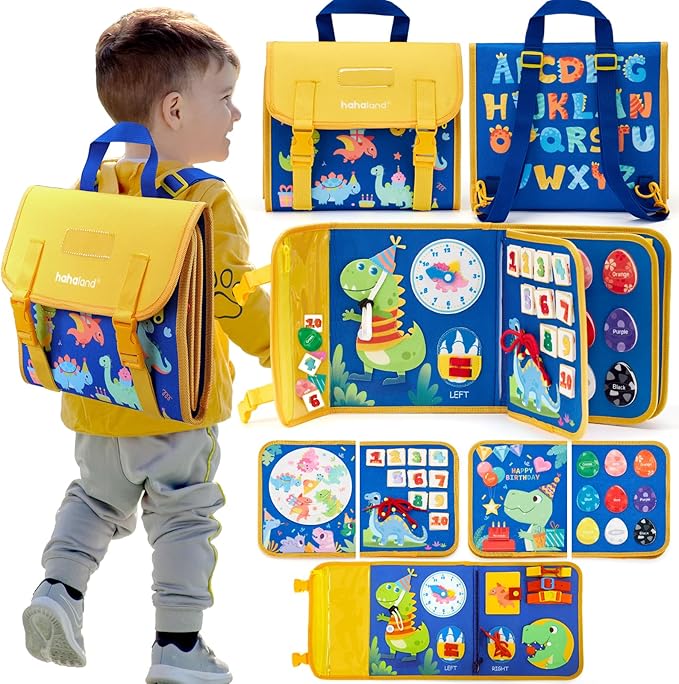 hahaland Toddler Toys Busy Board, Montessori Toys for Baby Boys, Boy Birthday Gift 18 in 1 Preschool Learning Activities with 12 Life Skills-Numbers,String Beads,Shapes,Colors,Puzzles,Alphabet