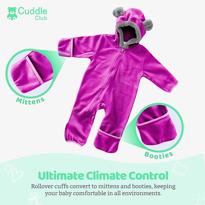 Cuddle Club Fleece Baby Bunting Bodysuit with Hood, Convertible Mittens & Booties, Car Seat Friendly, Soft & Warm, Easy Zip