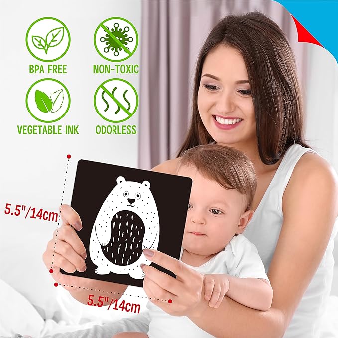 25 PCS Baby Visual Stimulus Cards, Double-Sided High Contrast Black and White Flashcards Sensory Developmental Montessori Cards Set for Newborn Boy Girl Baby 0-3 Months Tummy Time (5.5” X 5.5”)