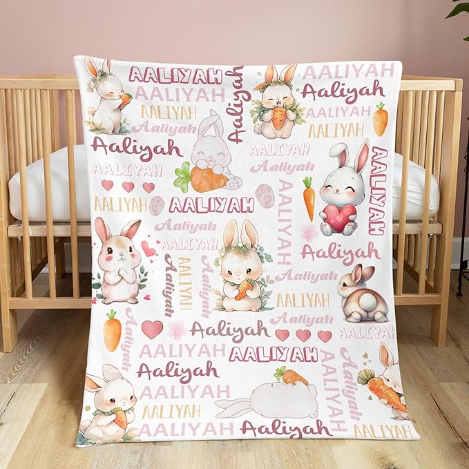 Custom Baby Blanket for Girls Rabbit Personalized Baby Blankets with Name Dotted Backing Customized Gifts for New Mom Customize Baby Blanket for Kids Newborn Birthday Pink