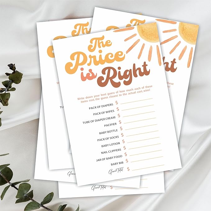 The Price is Right Game Kits for Baby Shower - 30 Double-Sided Fill in Watercolor Sunshine Style Game Cards for Gender Reveal, Baby Announcement, Party Favor & Supplies - C12