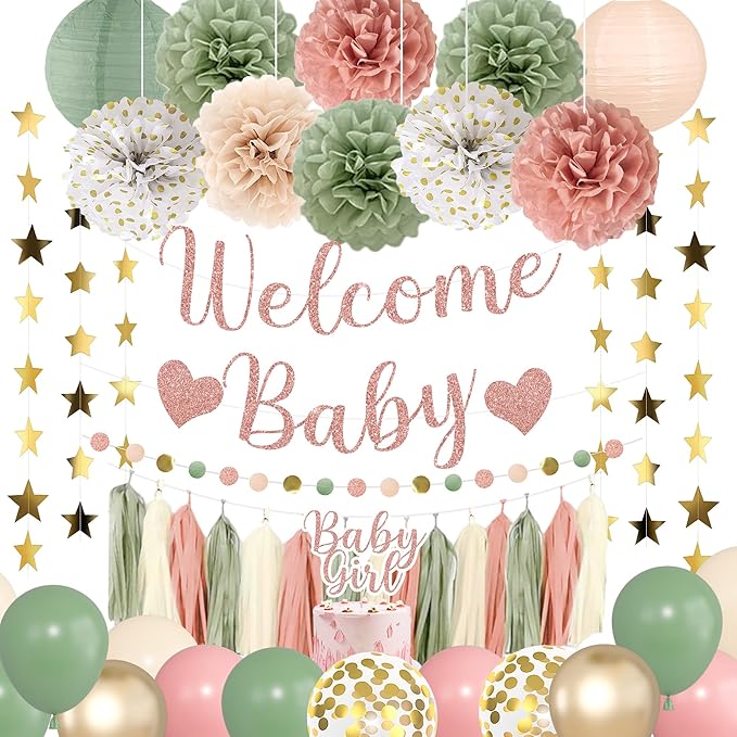 Amandir Girl Baby Shower Decorations Pink Sage Green Balloons Welcome Baby Banner, Cake Topper, Paper Lanterns, Pom Poms Flowers Tassels, Circle Dots Star Garland Gender Reveal Birthday Party Supplies