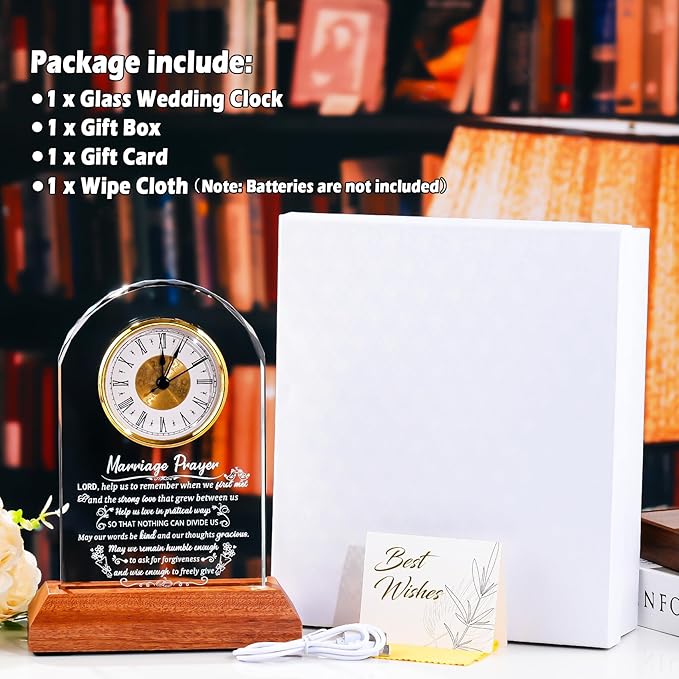 Glass Clock Wedding Gifts for Couples 2025 with Wooden Light Base, Happy Anniversary Marriage Prayer Gift with Inspiring Quotes, Unique Newlywed Mr and Mrs Gifts, Engagement Presents for Home