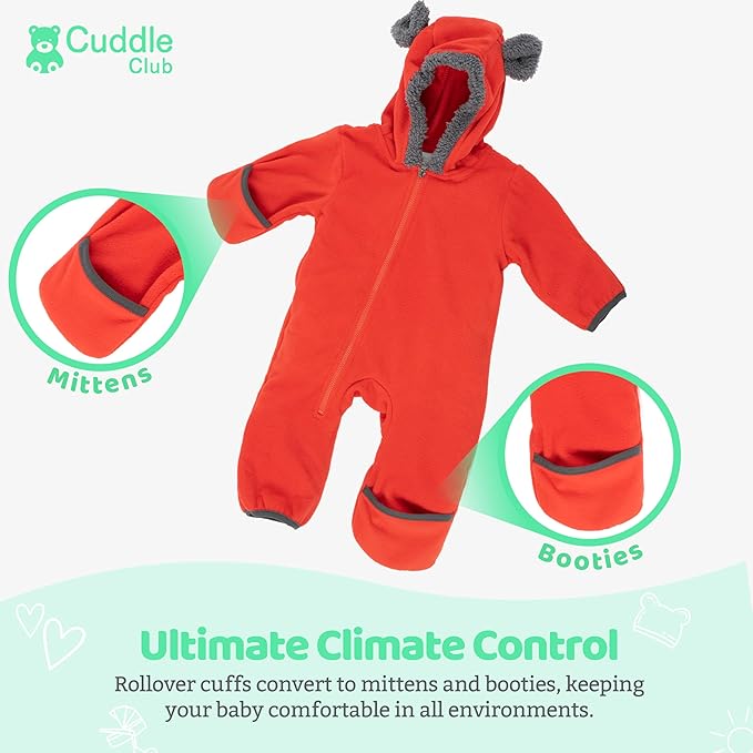 Cuddle Club Fleece Baby Bunting Bodysuit with Hood, Convertible Mittens & Booties, Car Seat Friendly, Soft & Warm, Easy Zip