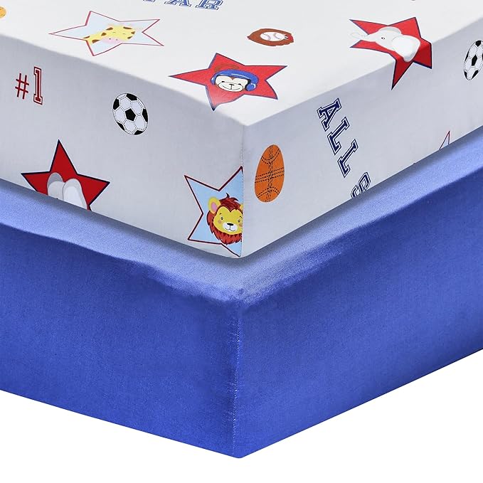 EVERYDAY KIDS 2 Pack Fitted Boys Crib Sheet, 100% Soft Breathable Cotton Baby Sheet, Fits Standard Size Crib Mattress 28in x 52in, Nursery Sheet with Giraffe, Elephants Sports Theme and Solid Blue