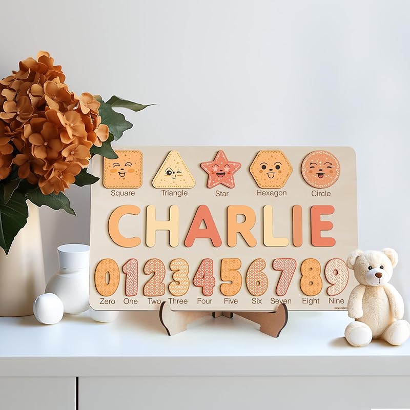 Personalized Wooden Name Puzzle with Numbers and Shapes, Custom Gift for Baby, 1st Christmas Gift, Newborn Gift, Baby Shower, 1st Birthday, Educational Toys for Toddlers, Preschool Puzzle for Kids