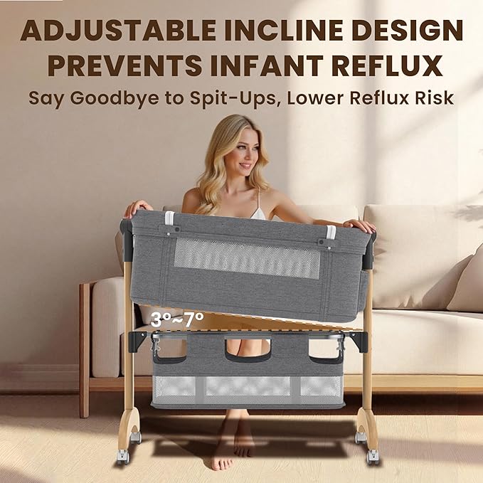 Baby Bassinet, Bedside Bassinet for Baby, 3 in 1 Adjustable Height Bedside Sleeper with Wheels, Breathable Mesh, Easy Folding Portable Crib, Rocking Mode & Storage Basket for Newborn Infants