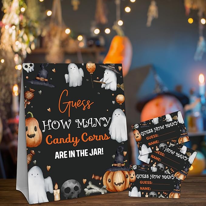 Halloween How Many Candy Corns Are In The Jar - 1 Standing Sign & 50 Guessing Cards - Halloween Ghosts Party Game & Decoration For Boys, Girls, Adults - Baby Shower, Birthday Game Set - A03
