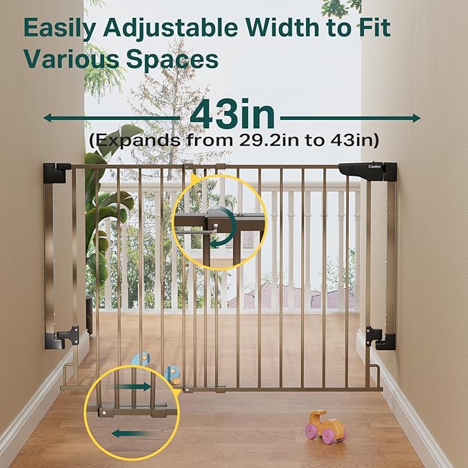Cumbor 29.2–43" Baby Gate for Stairs, Wall-Mounted (Drill Required), No Bottom Bar Dog Gate, Auto Close Extra Wide Adjustable Walk Thru, Pet & Toddler Proof Gate, Top & Bottom of Stairways (Brown)