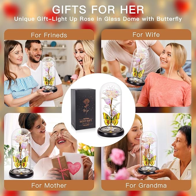 DEEMEI Birthday Gifts for Women Purple Rose Eternal Flower Light Up Rose in Glass Dome with Butterfly Gifts for Women Thanksgiving Anniversary Grandma Girlfriend Wife Gift for Her