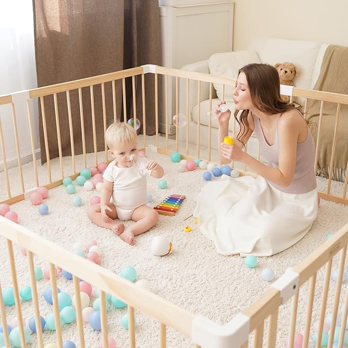GGF Wooden Baby Playpen -63 * 47 * 24 in, Large Wood Gate Playpen for Babies and Toddlers, Baby Fence Play Yard with Door for Kids Activity Center