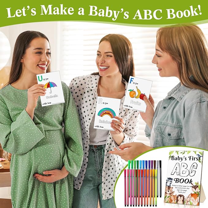 Geelin 51 Pcs Fun Baby Shower Game Activities First Abc Book Sign Coloring Game Card 26 Alphabet a to Z Coloring Card with 24 Watercolor Pen Storage Bag for Baby Shower Party(Woodland)