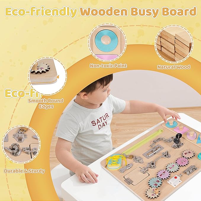 Toddler Wooden Busy Board, Montessori Activity Pad for Kids, Sensory Fidget Board for Children, Preschool Educational Activities Pad Toy.