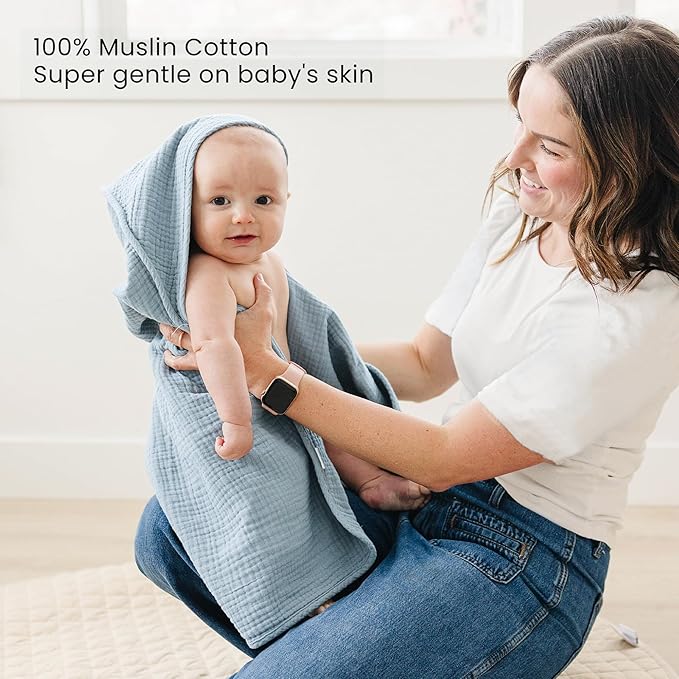 Konssy 2-Pack Muslin Hooded Baby Towels, 100% Cotton, Ultra-Soft & Absorbent Baby Bath Towels with Hood for Newborn & Infant (Blue, Blue Whale, 30'' x 30'')