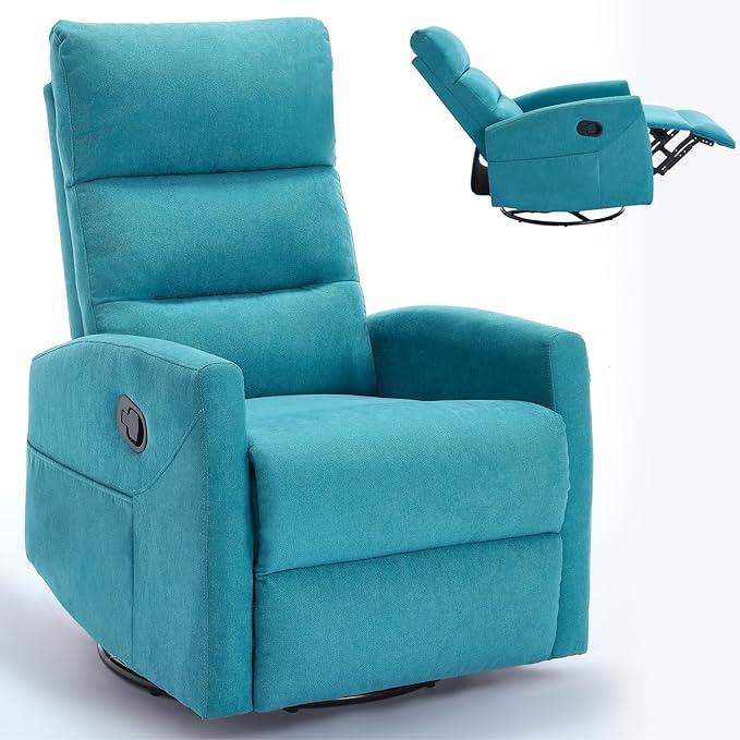 360° Swivel Rocking Chair for Nursery, Manual Glider Chair Nursing Chair with Side Pockets, Polyester Glider for Living Room, Heavy Duty Motion Mechanism, Blue