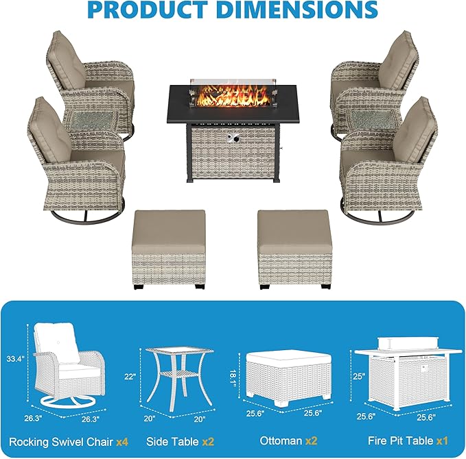 9-Piece Small Patio Furniture Set, Outdoor Swivel Rocking Chairs Set with 55,000 BTU Fire Pit Table Wicker Chairs and Ottomans, Patio Bistro Set for Balcony, Deck, Porch, Khaki