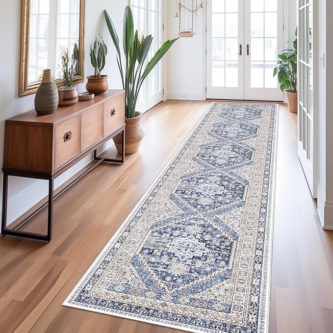 zesthome Washable Runner Rug 2.5x12 - Stain Resistant Entryway Rug,Ultra-Thin Kitchen Rugs, Anti Slip Backing Runner Rugs for Entrance Laundry Room Indoor Hallway (Blue/Beige,2.5'x12')