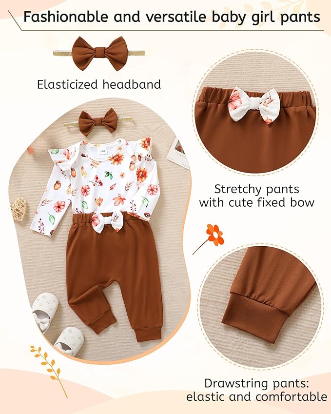 YALLET Baby Girl Clothes Newborn Infant Girl Outfits Floral Romper+Pants+Headband Fall Baby Layettes for Clothing 0-18 Months