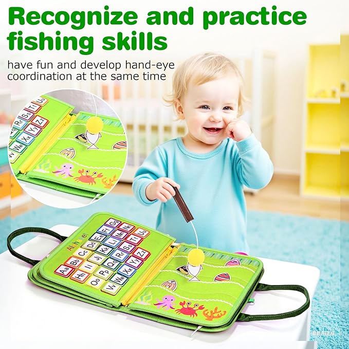Busy Board Montessori Toys for Toddlers 1-3, Birthday Gifts for 1 2 3 4 Year Old Boy Girl, Autism Sensory Travel Toy, Educational Activity Book Board for Learning Fine Motor Skills Toys, Green