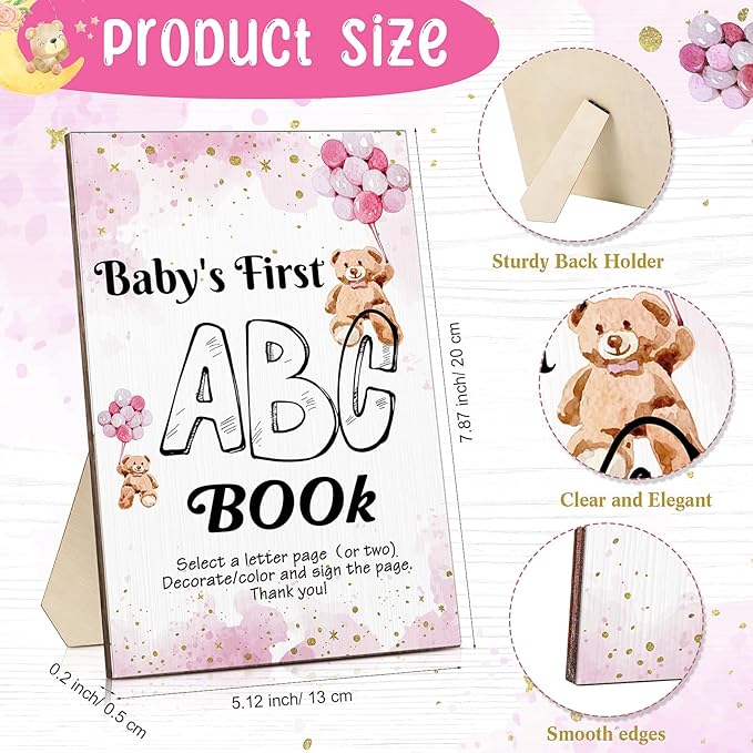 Geelin 51 Pcs Fun Baby Shower Game Activities First Abc Book Sign Coloring Game Card 26 Alphabet a to Z Coloring Card with 24 Watercolor Pen Storage Bag for Baby Shower Party(Pink Bear)