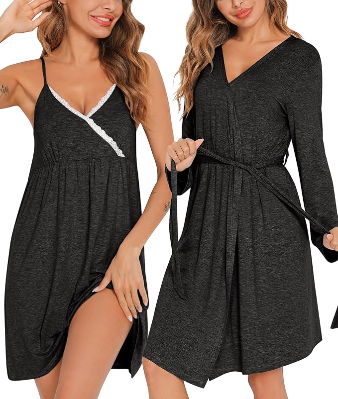 SWOMOG Womens Maternity Robe 2 Piece Nursing Nightgown for Breastfeeding 3 in 1 Labor Delivery Nursing Dress Lace Bathrobe