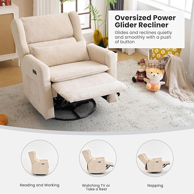 Oversized Swivel Rocker Recliner with Adjustable Headrest, 26" Extra Wide Glider Recliner Nursery Chair with Double Cushion, Chenille Glider Rocking Chair for Living Room,Cup Holder,Beige