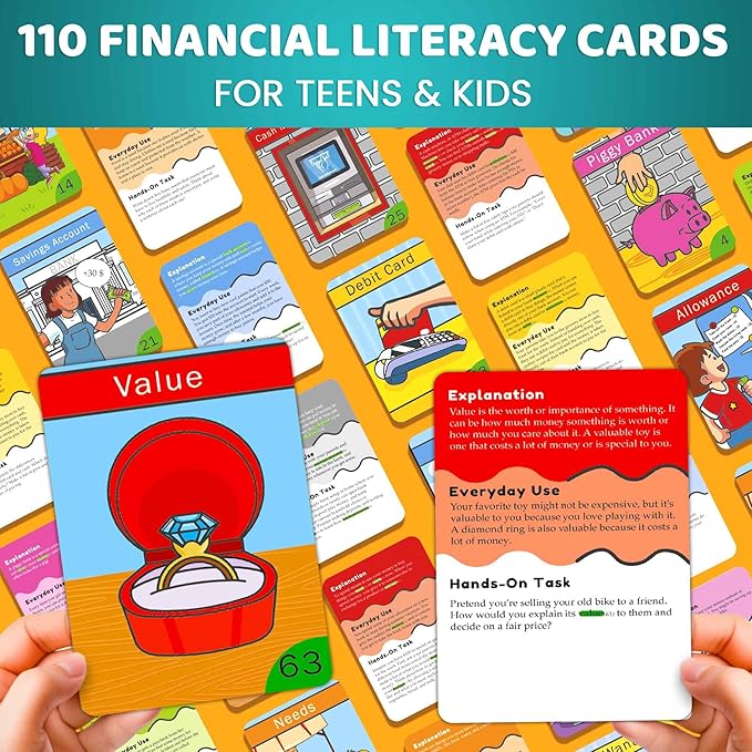 QUOKKA Financial Literacy Flash Cards for Teens – 110 Cards Teaching Kis About Money Management, Budgeting, Savings – Easy Money Games for Kids Ages 12+ – Fun Financial Literacy Games and Learning