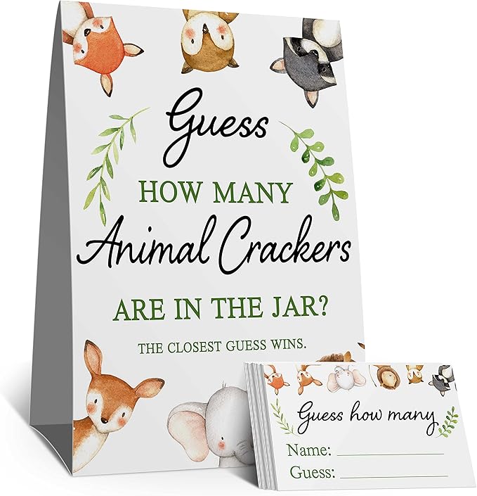 Guess How Many Animal Crackers are in the Jar,Watercolor Woodland Animals Baby Shower Decorations,(1 Sign+50 Cards), How Many Animal Crackers Birthday, Christmas, Funny Party Game