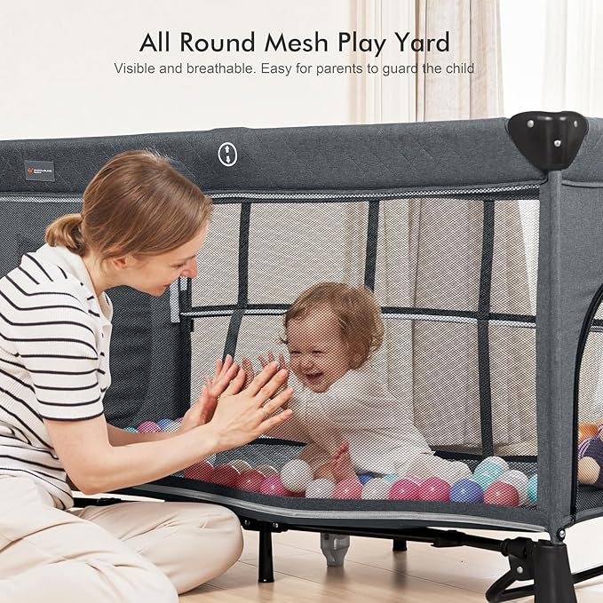 ANGELBLISS 5 in 1 Baby Bassinet, Bedside Crib & Playpen, Pack and Play Bassinet with Diaper Changer and Removable Rocker, Easy Folding Portable Crib with Mobile, Sheet & Mattress (Grey)