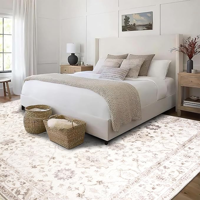 ReaLife Rugs Machine Washable Area Rug - Living Room Bedroom Bathroom Kitchen Entryway Office - Padded Low Pile Stain Resistant Premium - Boho Farmhouse Vintage - BEV - Beige 5' x 7'