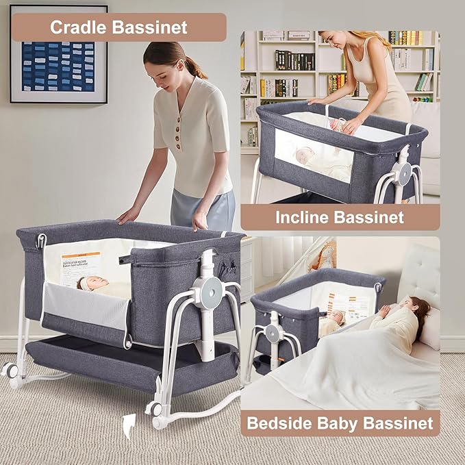 4 in 1 Baby Bassinet Bedside Sleeper, Rocking Baby Crib with Lockable Wheels, Storage, Mosquito Net and Matress Included, 7 Level Adjustable Bedside Bassinet for Baby Newborn(Gray)