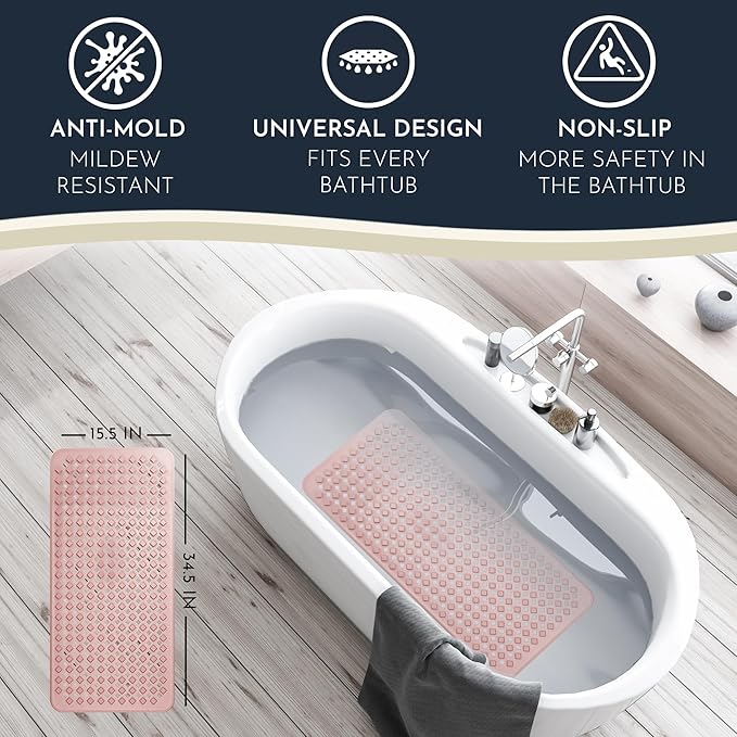 Homerella Bath Mat for Tub Non Slip Mold Resistant 35x16 - Shower Mat Non Slip Anti Mold - Bathtub Mat Suction Cups incl. Hooks for Drying - Rose Vinyl Rectangular