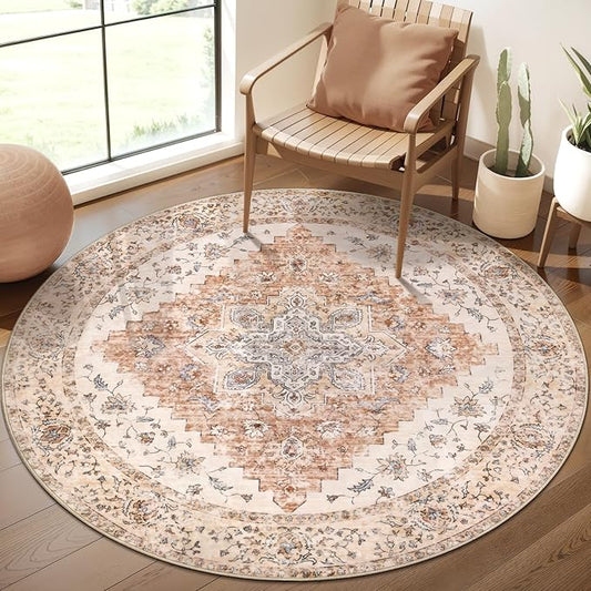 Ciicool Boho Area Rug 4x4ft Round Washable Bedroom Non-Slip Vintage Entryway Throw Rug Low-Pile Indoor Carpet for Living Room Foyer Rug(Vintage Cream/Brick)