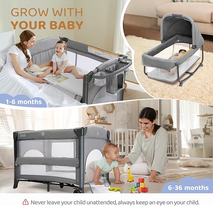 JOYMOR Twin Bassinet for Baby, Bedside Bassinet, Convertible to Bedside Sleeper and Playpen, with Wheel, Brake, Foldable Side Sleeper, Gray