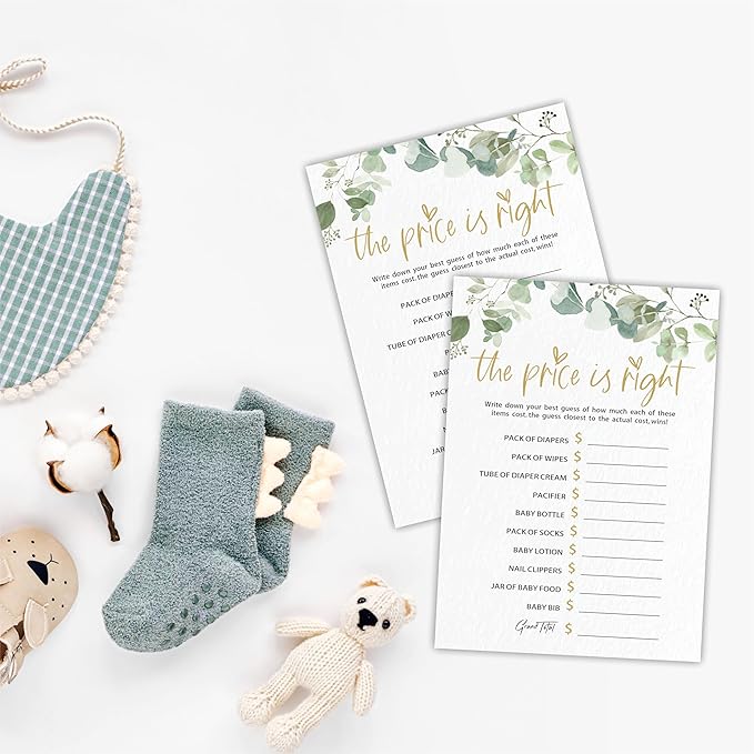 The Price is Right - Baby Shower Game Cards - Golden Greenery - 30 Double-Sided Fill in Style Game Cards for Gender Reveal, Baby Announcement, Party Games & Activity - D10