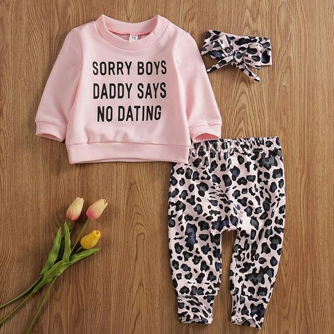 Madjtlqy Newborn Baby Girls Clothes Daddy Saying Top Printed T-Shirt Leopard Pants+Headband Sweatshirt Outfit Set