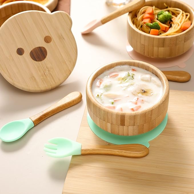 Baby Bowls with Lid,HBM Bamboo Suction Bowls for Baby and Spoon Set,3PC Feeding Supplies Set for Infant, Toddlers,Detachable Silicone Suction Stay Put Base for Wooden Bowl (Mint)