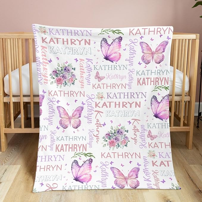Personalized Baby Blanket for Girls Butterfly Custom Baby Blankets with Name Dotted Backing Customized Gifts for New Mom Customize Baby Blanket for Kids Newborn Birthday