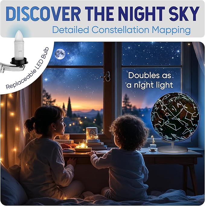 9" Illuminated Educational Kids World Globe + STEM Flags & Countries Interactive Card Game. 3 in 1 Children Desktop Spinning Earth Political & Constellation Maps, LED Night Light Lamp