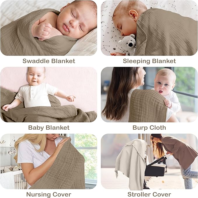 Organic Cotton Muslin Baby Blanket - 47x47 Inch Breathable Swaddle, Hypoallergenic Double-Layer, Versatile Use (Olive/Ivory, 47x47 Inch)