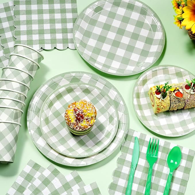 175 Pcs Sage Green Gingham Plates and Napkins Set, Sage Gingham Party Supplies with Paper Plates Napkins Cups Plastic Spoons Forks Knives for Wedding Picnic Baby Shower Decorations