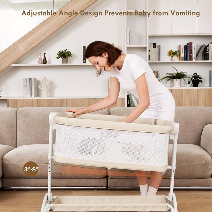 Bassinet Bedside Sleeper - All-Mesh Design, Portable Bedside Bassinet for Baby with Washable Mattress, 5 Adjustable Heights(Beige)