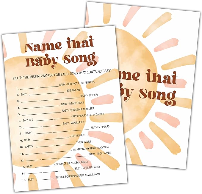 Baby Shower Games for Boy - Boho Sun Name That Song Game, Sunshine Here Comes The Son Gender Reveal - Set of 25 Cards (Bohosun008)