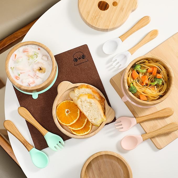 Baby Bowls with Lid,HBM Bamboo Suction Bowls for Baby and Spoon Set,3PC Feeding Supplies Set for Infant, Toddlers,Detachable Silicone Suction Stay Put Base for Wooden Bowl (Mint)