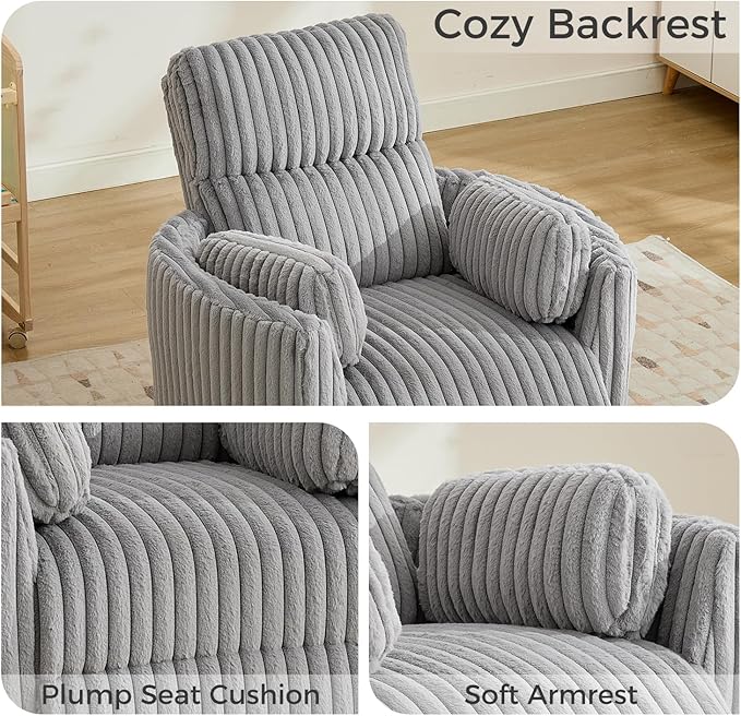 Power Swivel Glider Rocking Recliner Nursery Chair with 2 Pillows, Electric Rocker Reclining Chairs with Type-C & USB Charger Port for Living Room, High Back Barrel Armchair for Bedroom,Corduroy, Grey
