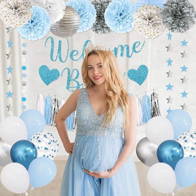 Amandir Blue Boy Baby Shower Decorations Welcome Baby Banner, Cake Topper, Paper Lantern, Light Blue Balloons, Pom Poms Flowers Tassels, Circle Dots Star Garland, Gender Reveal Birthday Party Supplies