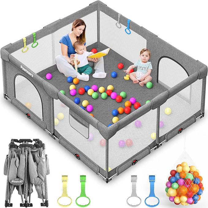 Foldable Playpen for Babies and Toddlers: 71" L x 59" W x 27" H(External Dimensions), Large Kids Play Yard, Portable for Indoor and Outdoor Play Area, Baby Gate with 50PCS Ocean Ball, 4 Handles